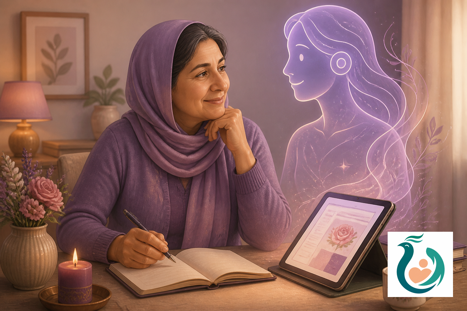 دفترچه خاطرات دیجیتال با هوش مصنوعی – تصویر زن ایرانی در کنار دستیار هوش مصنوعی و دفترچه دیجیتال