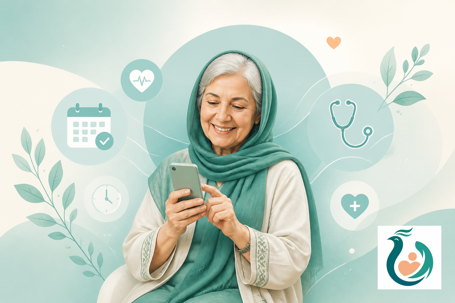 تصویر رزرو وقت پزشک با نوبت دهی آنلاین دکتر در سیمرغ با موبایل، در سبک پزشکی گرم و اطمینان‌بخش.