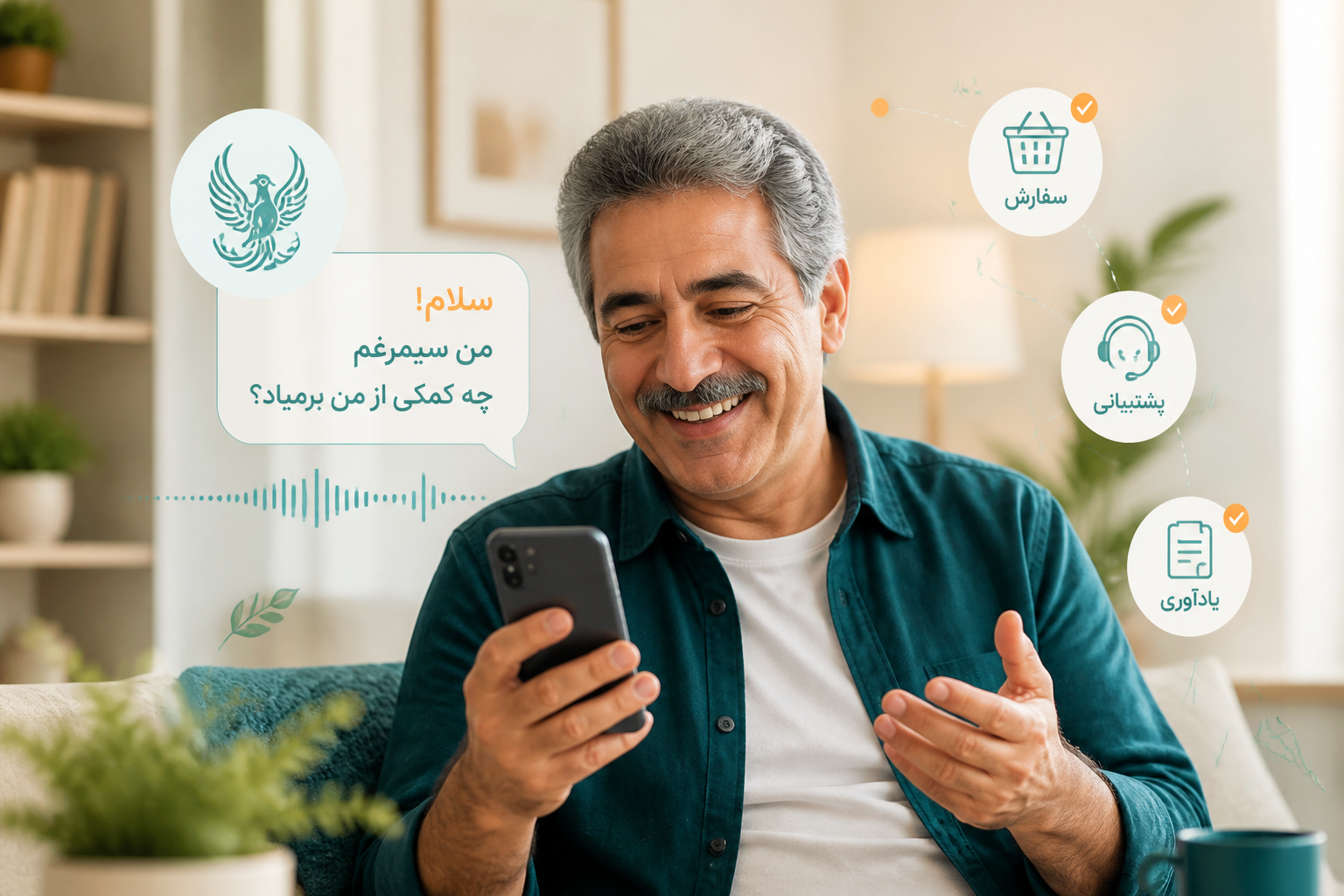 کاربر ایرانی با گوشی موبایل که با دستیار هوشمند سیمرغ سفارش آنلاین انجام میدهد.