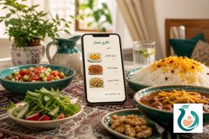 سفره ایرانی با غذای سنتی و موبایل باز با برنامه سیمرغ جهت محاسبه چطور کالری غذا را حساب کنیم؛