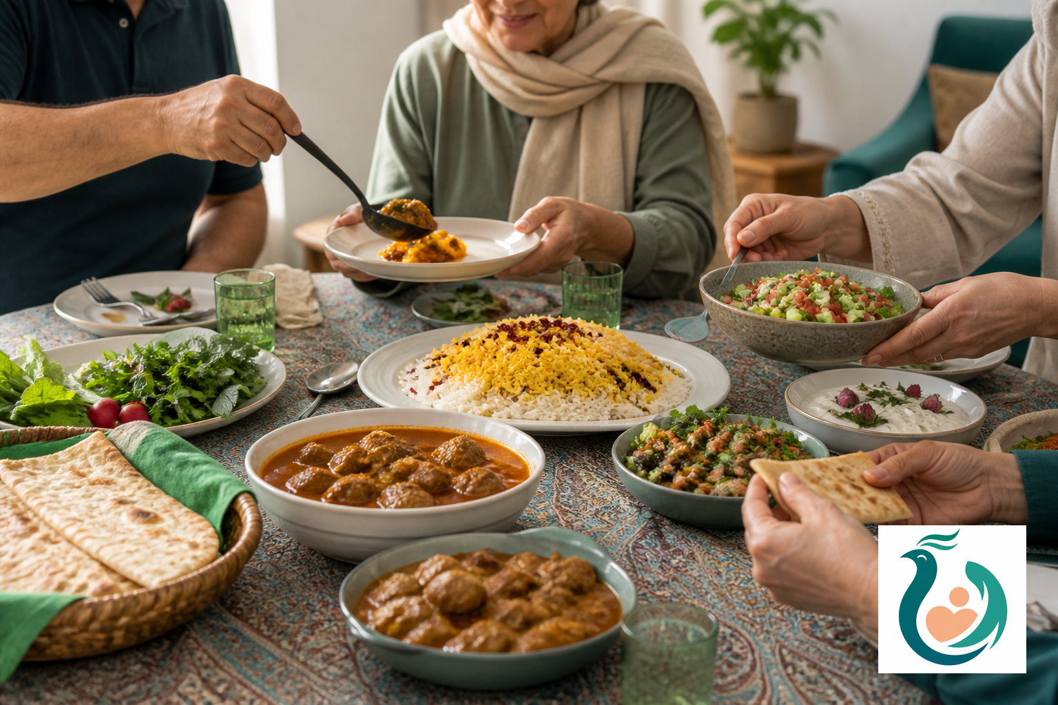 چند غذای ایرانی روی سفره و دست افراد در حال سرو، بدون ترازو برای کنترل میزان غذا