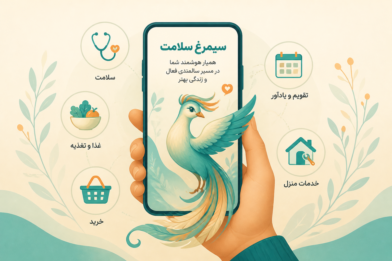 سیمرغ، دستیار هوشمند فارسی، روی صفحه موبایل، با آیکونهایی از خدمات مختلف مثل سلامت، سفارش غذا، تقویم و خانه.