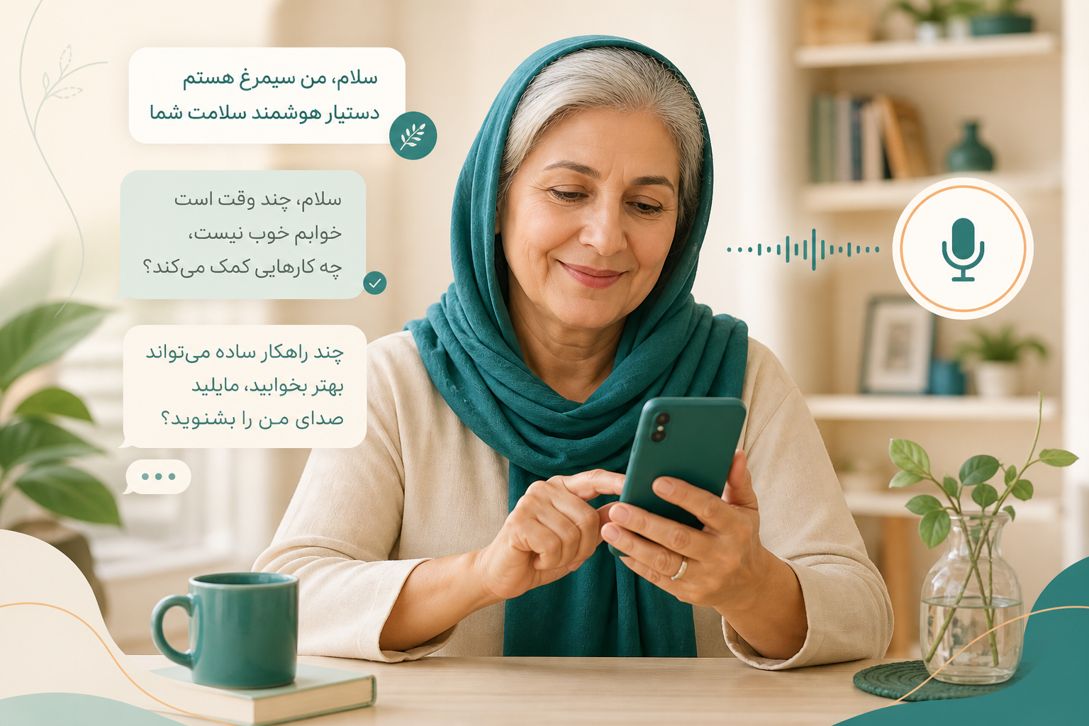 زن ایرانی در حال گفتگو با دستیار هوشمند سیمرغ به صورت صوتی و متنی با تلفن همراه