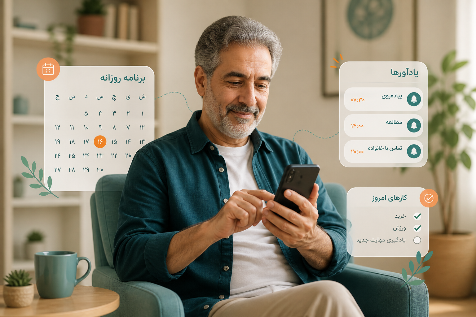 یک شخص ایرانی در حال برنامهریزی روزانه با گوشی و نمایش تقویم دیجیتال