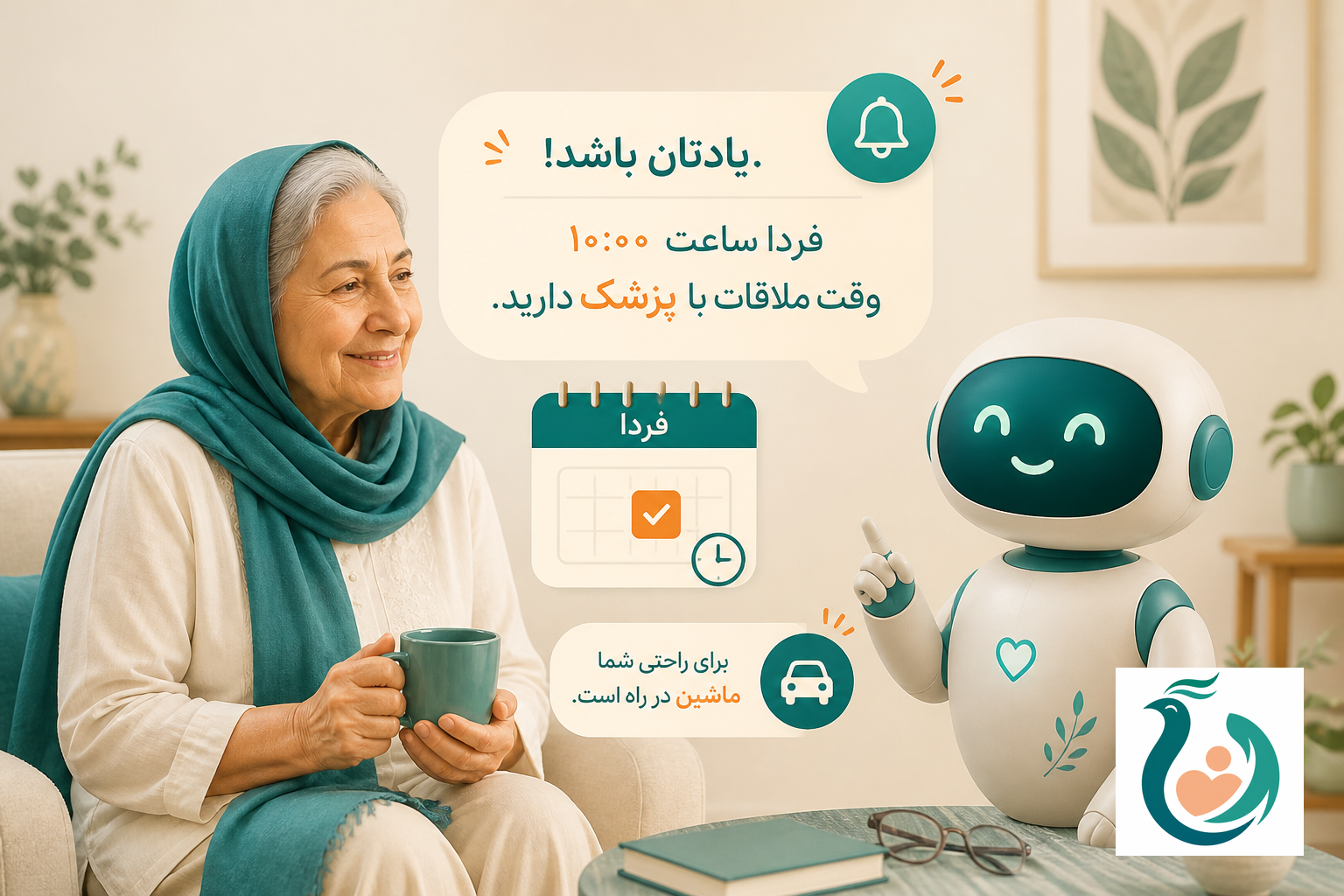 دستیار هوشمند فارسی سیمرغ در حال یادآوری وقت نوبت دکتر و هماهنگی سفر