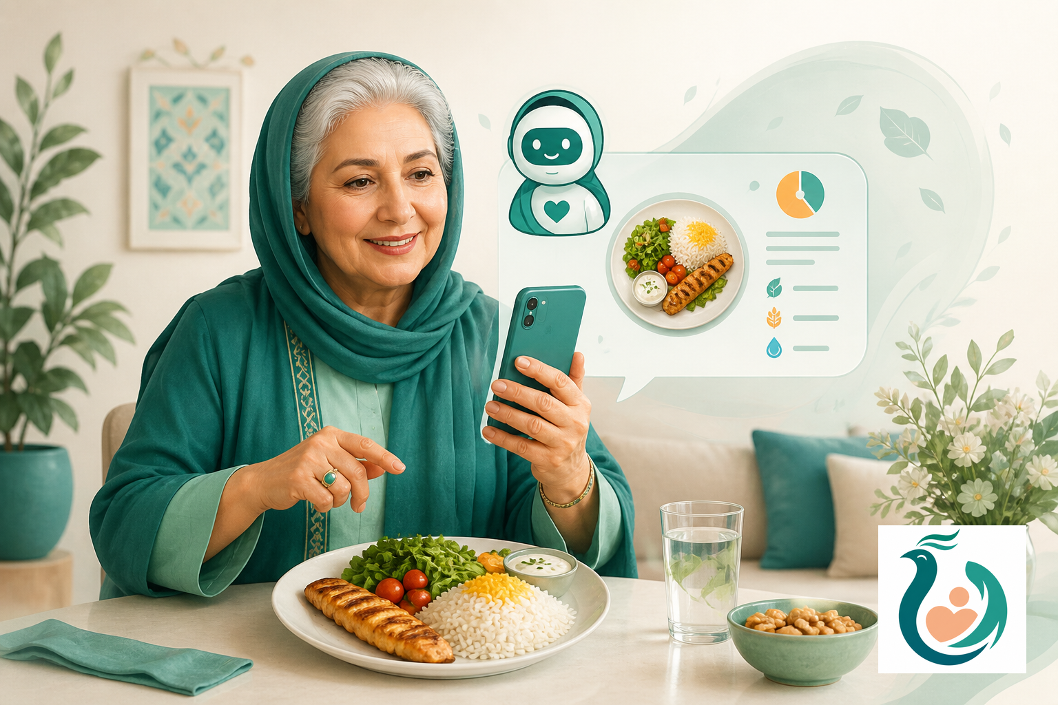 یک دستیار هوش مصنوعی سیمرغ در حال تشخیص کالری از عکس غذا؛ ترکیب رنگی سبز و آبی، فضای مطمئن و صمیمی.