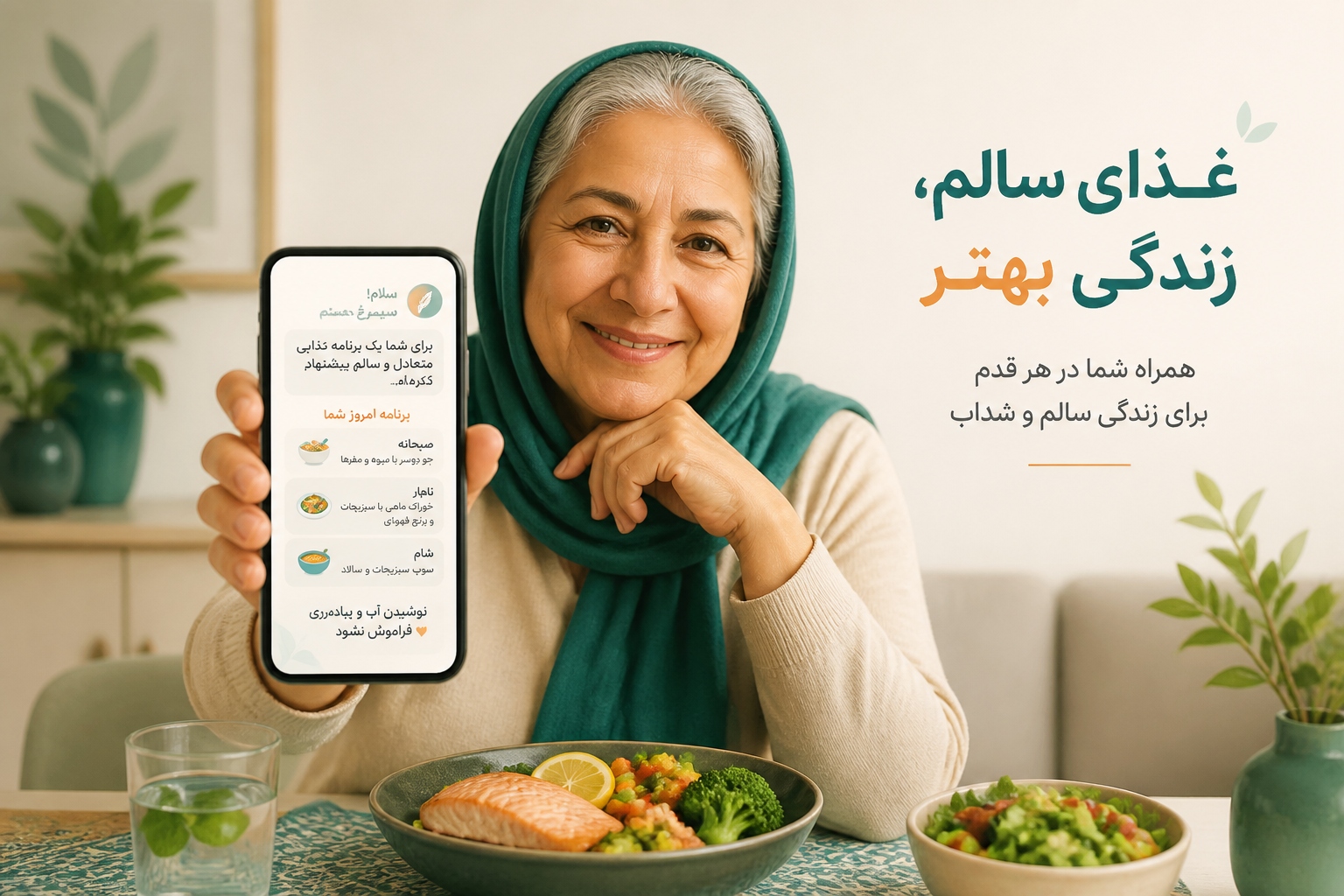 دستیار هوش مصنوعی روی موبایل که برنامه تغذیه سالم به کاربر نشان میدهد